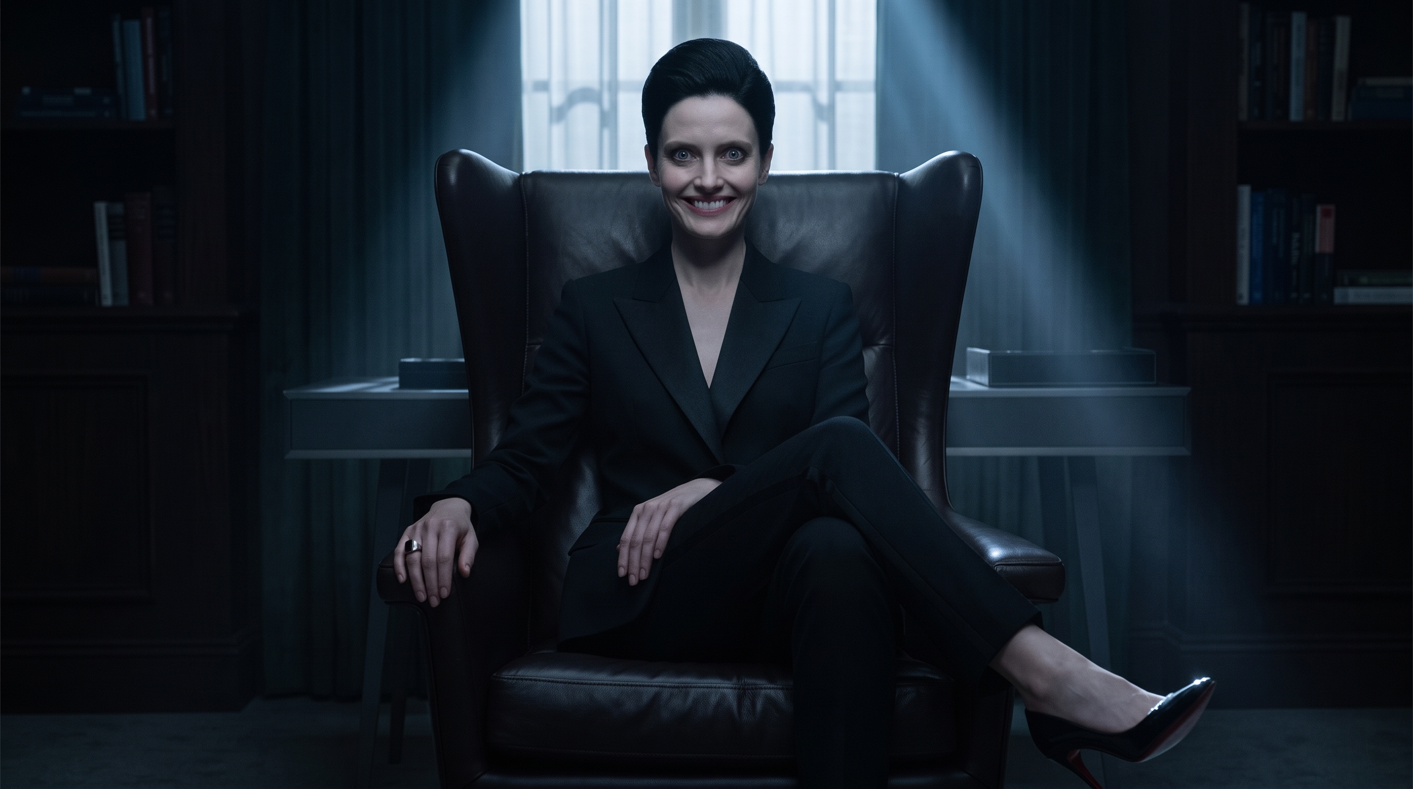 Dr. Valeria Thorne seated in high-backed leather chair